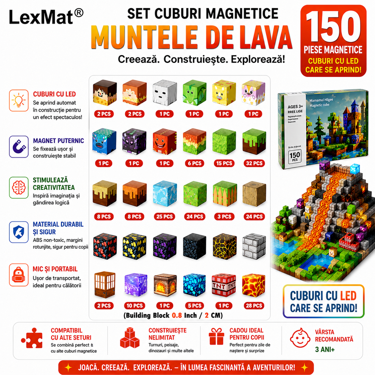 Cuburi de Constructie Magnetice cu Led LexMat® Muntele de Lava Pixelate, 150 Piese portocaliu multicolor pentru copii 3+, Cuburi Montessori pentru Coordonare, Creativitate, Joc Educational si Relaxant