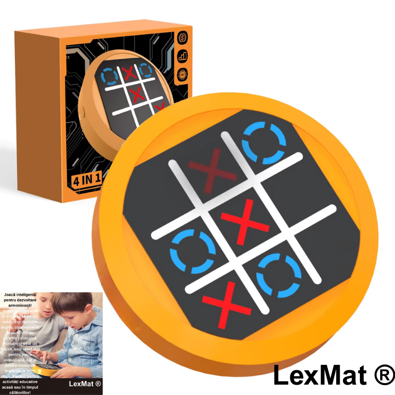 Joc X si O LexMat SmartTic-Tac-Toe 4 in 1 Portocaliu, pentru 3+ ani, design compact, electronic, mod joc vs AI