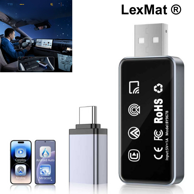 Adaptor Wireless Auto LexMat® 4 în 1 CarPlay, Android Auto, AirPlay și Miracast – USB-C, Plug & Play, Compatibil iPhone și Android