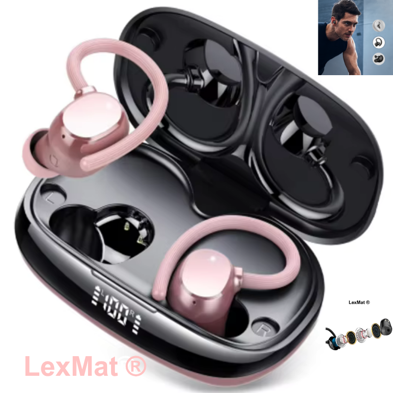 Casti Wireless Bluetooth 5.4 Sport, Q61 Stereo in-Ear cu carlige pentru urechi, LexMat ®, 48H Bass Puternic, Ecran LED, Anulare Zgomot, IP7 Rezistente la Apa, Microfon Incorporat pentru Alergare. Control tactil inteligent