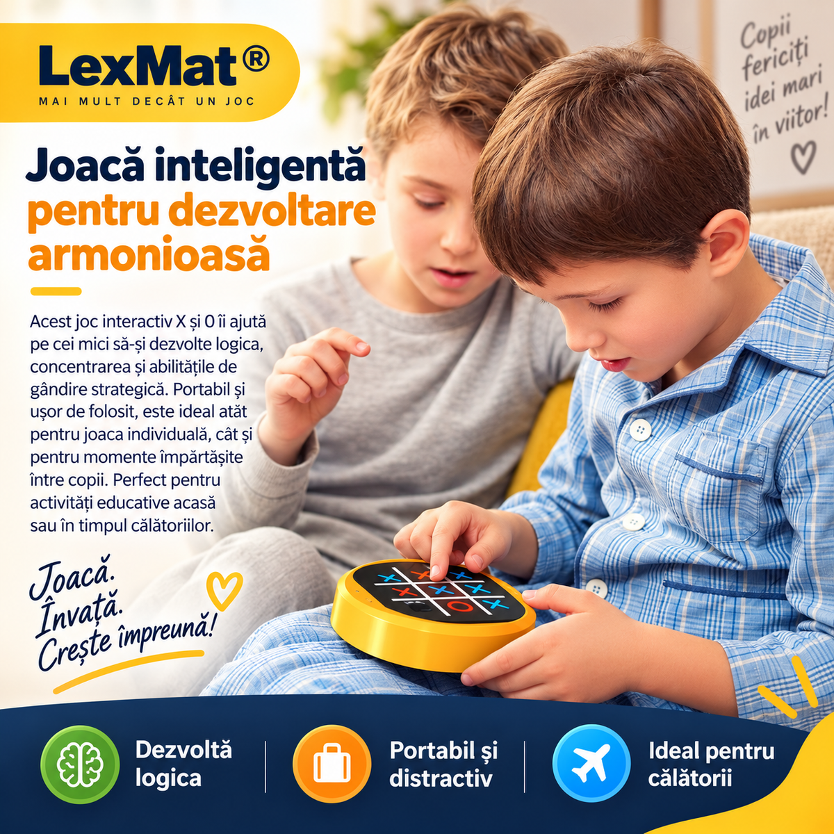 Joc X si O LexMat SmartTic-Tac-Toe 4 in 1 Portocaliu, pentru 3+ ani, design compact, electronic, mod joc vs AI