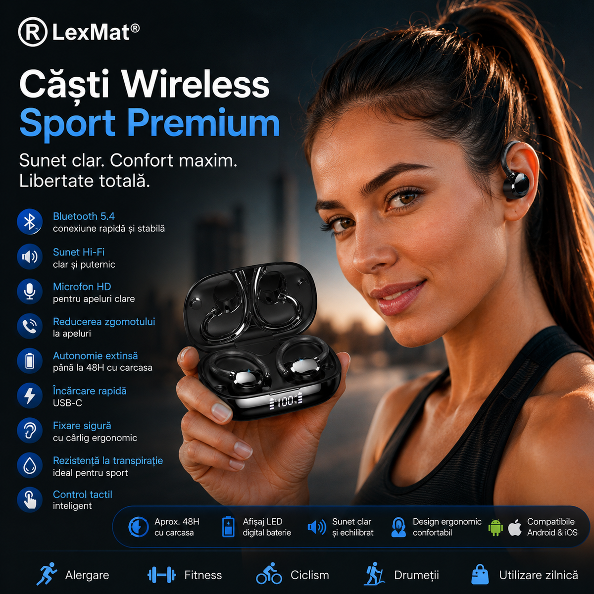 Casti Wireless Bluetooth 5.4 Sport, Q61 Stereo in-Ear cu carlige pentru urechi, LexMat ®, 48H Bass Puternic, Ecran LED, Anulare Zgomot, IP7 Rezistente la Apa, Microfon Incorporat pentru Alergare. Control tactil inteligent