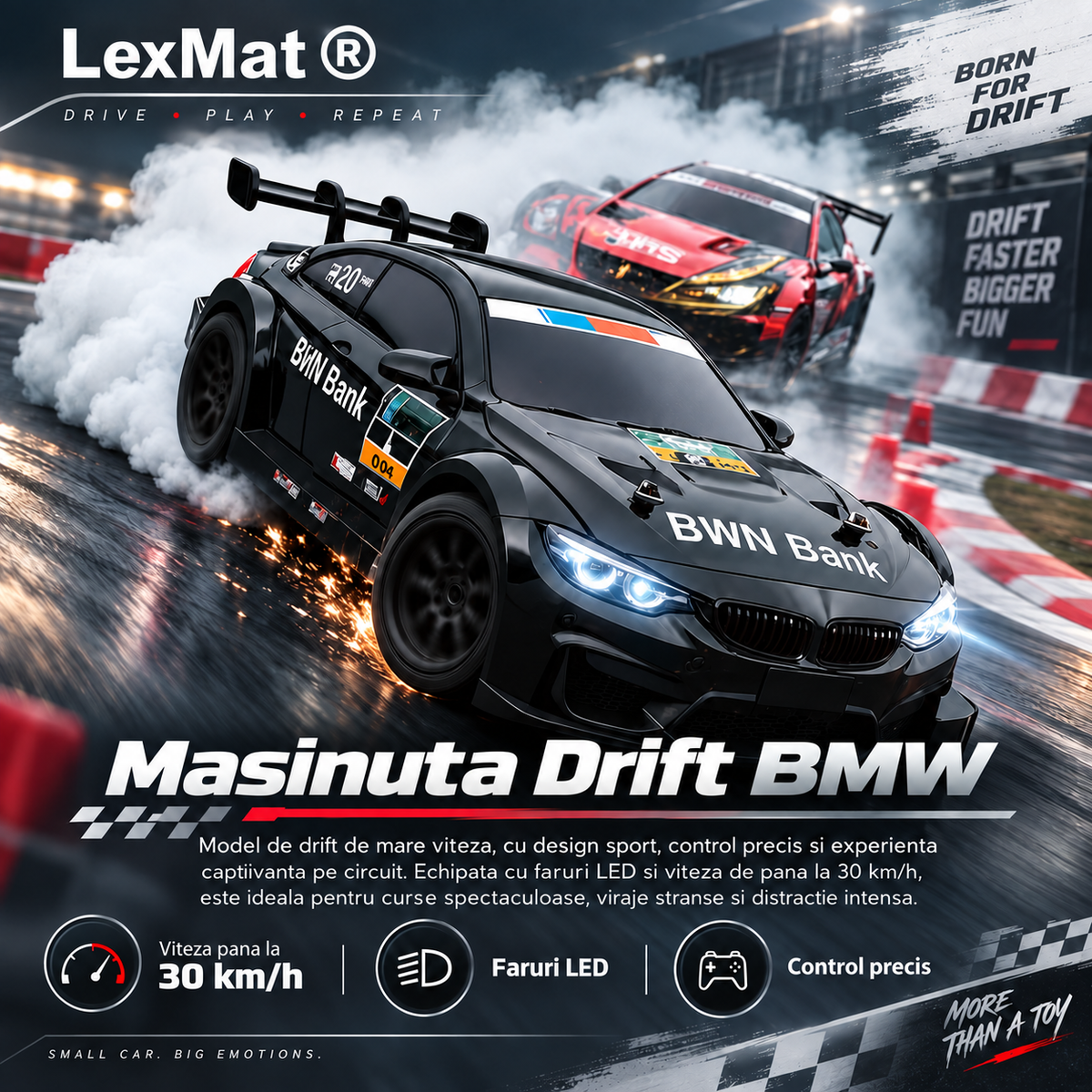 Masina telecomanda Drift, Masina telecomanda Curse LexMat® 1:24 – viteza 22 km/h, faruri LED, control 2.4GHz, anvelope interschimbabile si kit complet de accesorii, Negru