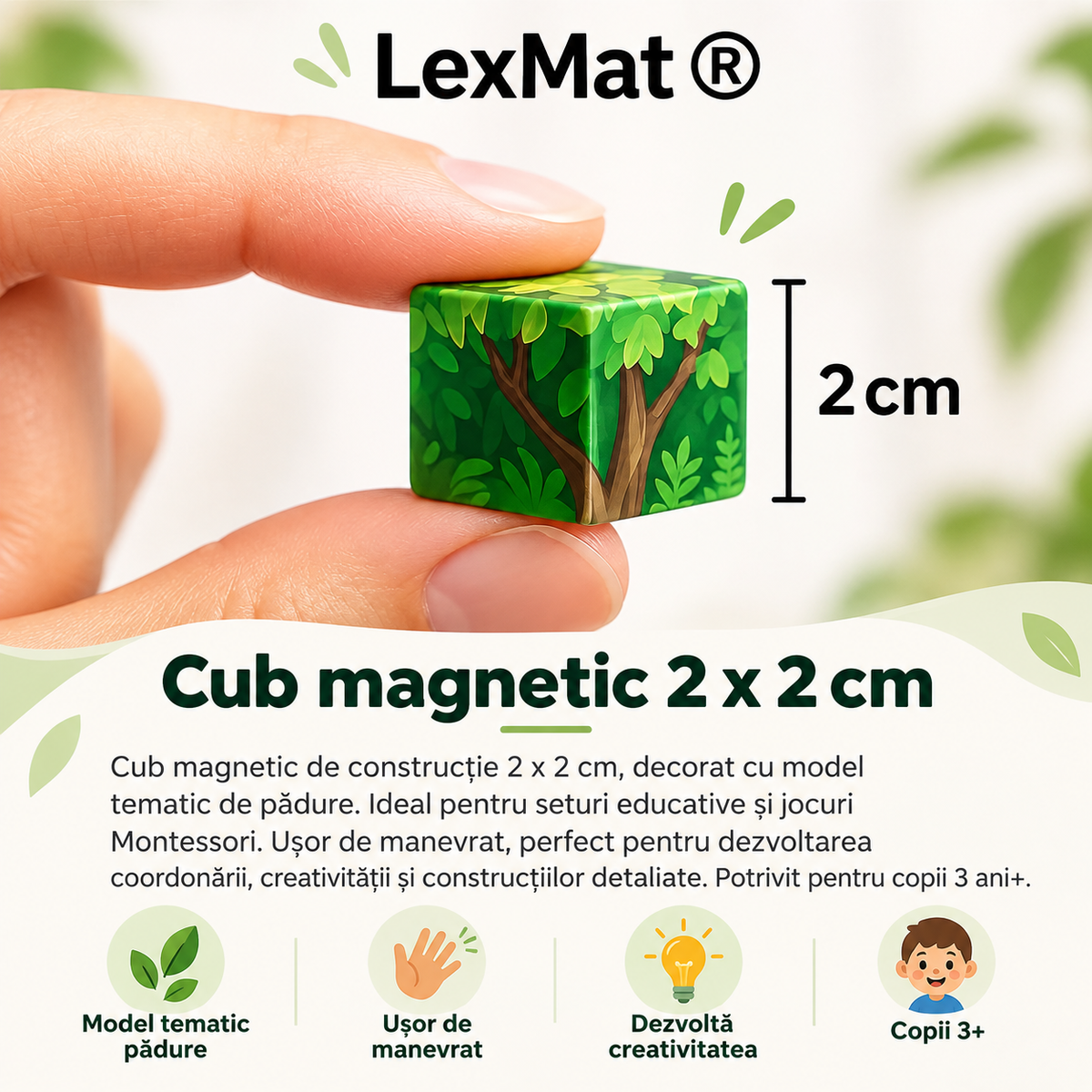 Cuburi de Constructie Magnetice LexMat® Original Forest verde deschis muticolor, 150 Piese pentru copii 3+ – Cuburi Montessori pentru Coordonare, Creativitate, Joc Educational si Relaxant