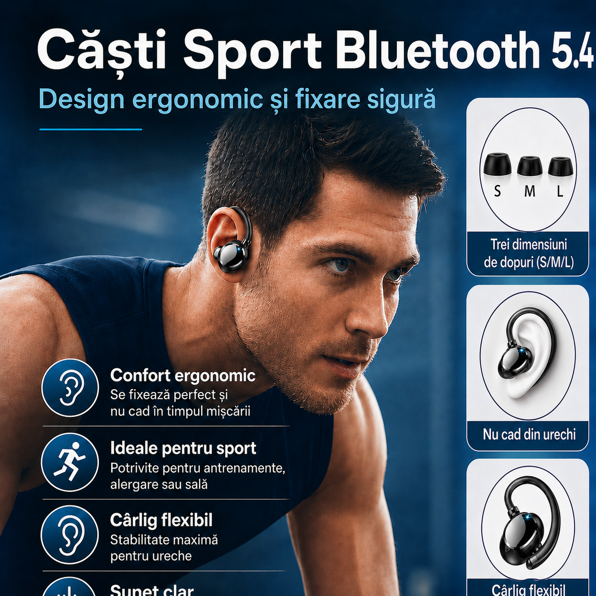 Casti Wireless Bluetooth 5.4 Sport, Q61 Stereo in-Ear cu carlige pentru urechi, LexMat ®, 48H Bass Puternic, Ecran LED, Anulare Zgomot, IP7 Rezistente la Apa, Microfon Incorporat pentru Alergare. Control tactil inteligent