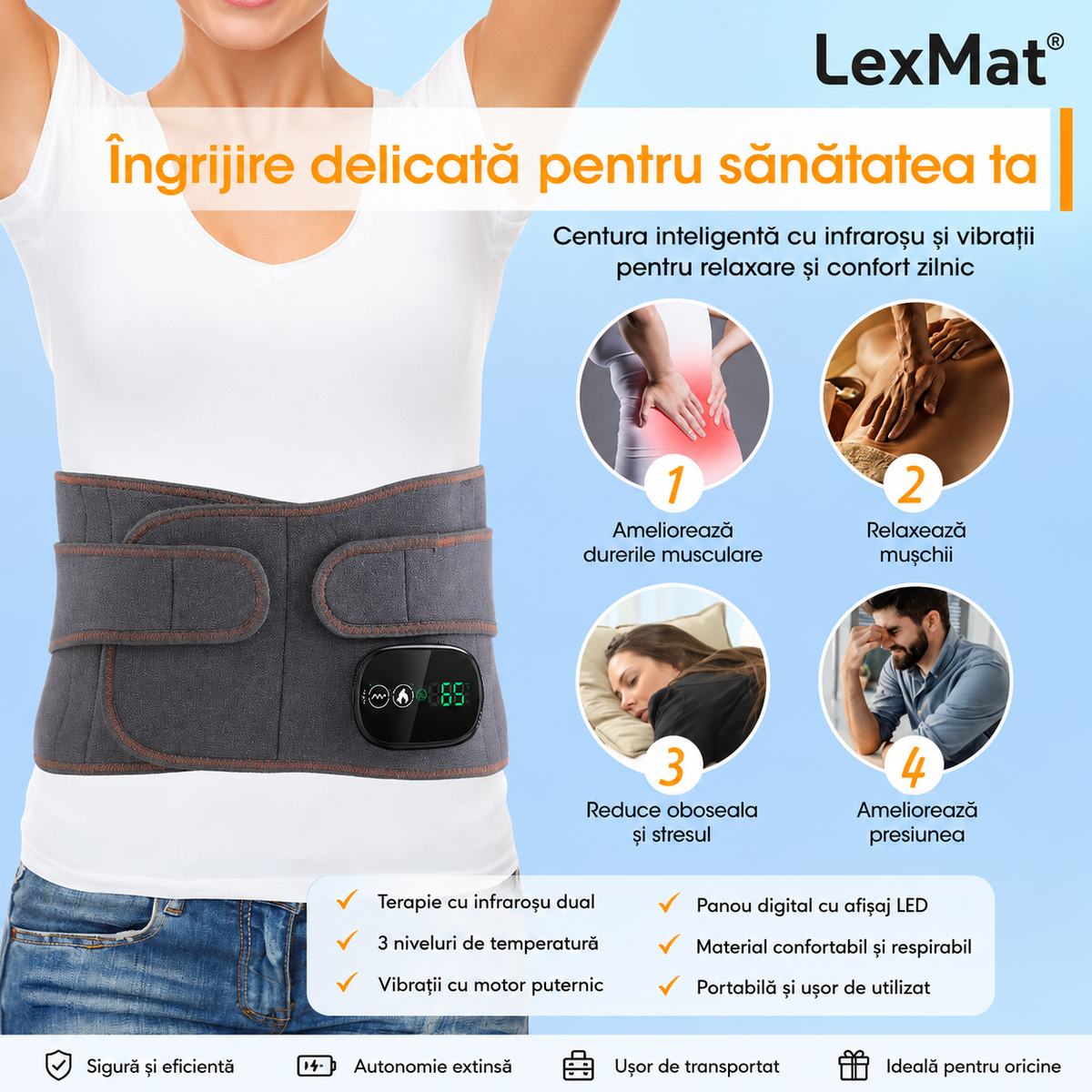 Aparat de masaj pentru talie cu incalzire infrarosu si vibratii LexMat®, Dispozitiv de masaj cu incalzire infrarosu si vibratii, centura electrica reincarcabila USB, 3 trepte de intensitate, baterie 5000mAh, model HLX102247, Gri