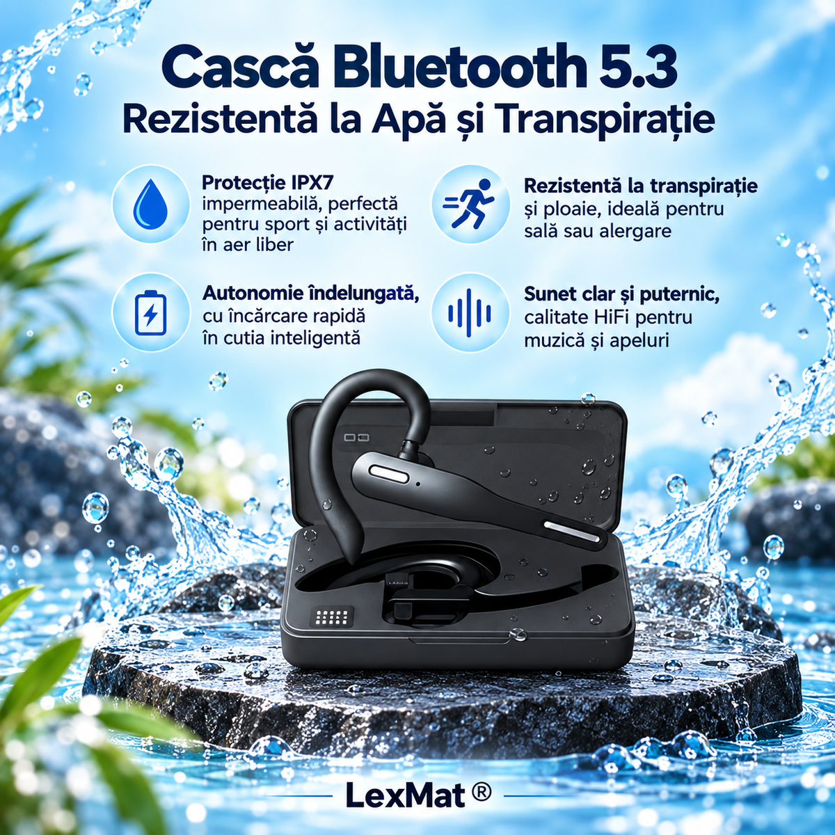 Casti wireless Bluetooth 5.3 YYK-525 LexMat ®, autonomie 12 ore, carcasa incarcare Type-C, rezistente la apa, asistent vocal Siri, negru