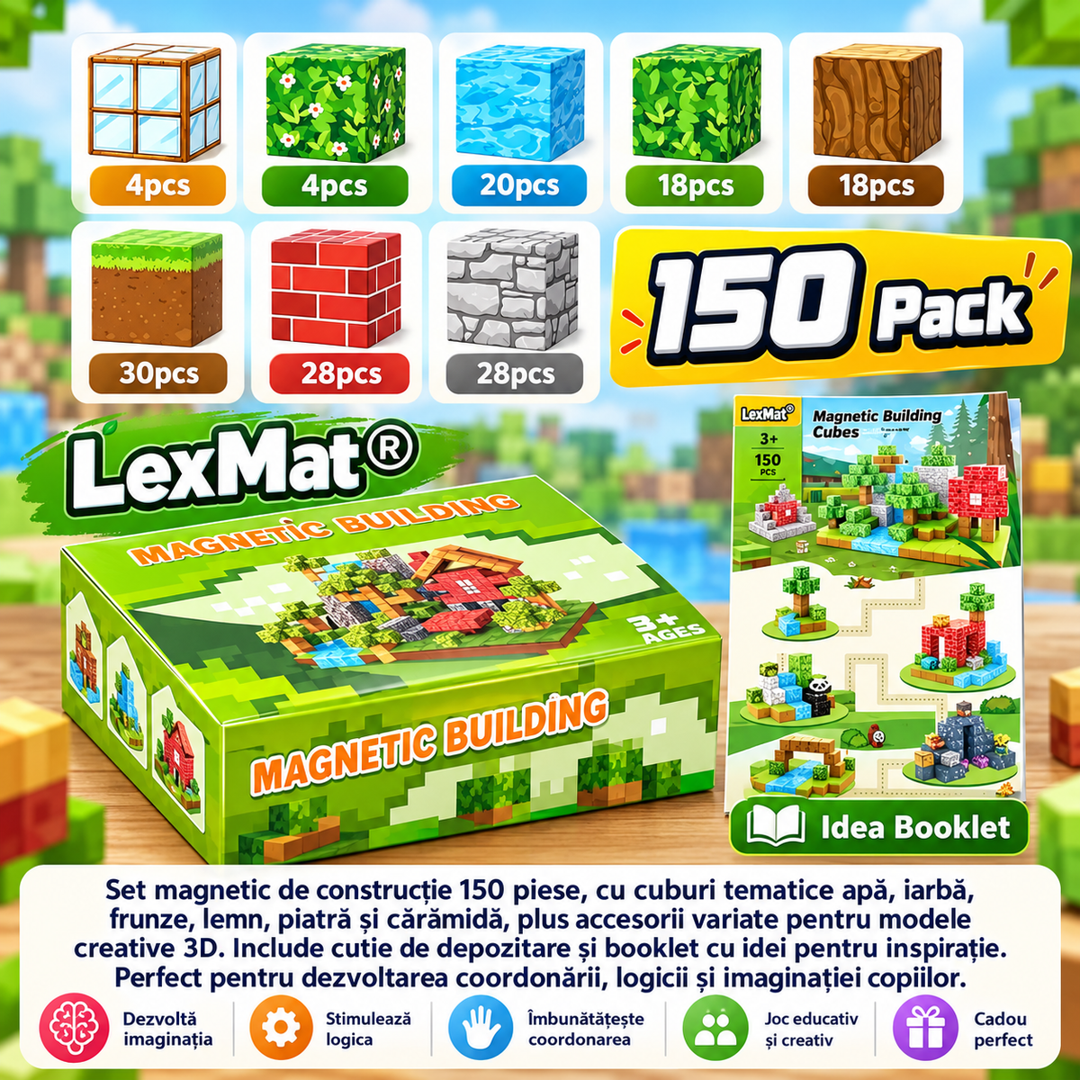 Cuburi de Constructie Magnetice LexMat® Original Forest verde deschis muticolor, 150 Piese pentru copii 3+ – Cuburi Montessori pentru Coordonare, Creativitate, Joc Educational si Relaxant