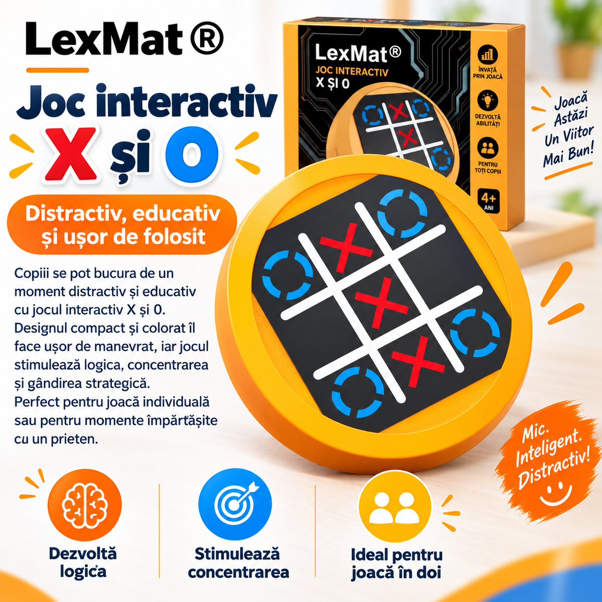 Joc X si O LexMat SmartTic-Tac-Toe 4 in 1 Portocaliu, pentru 3+ ani, design compact, electronic, mod joc vs AI