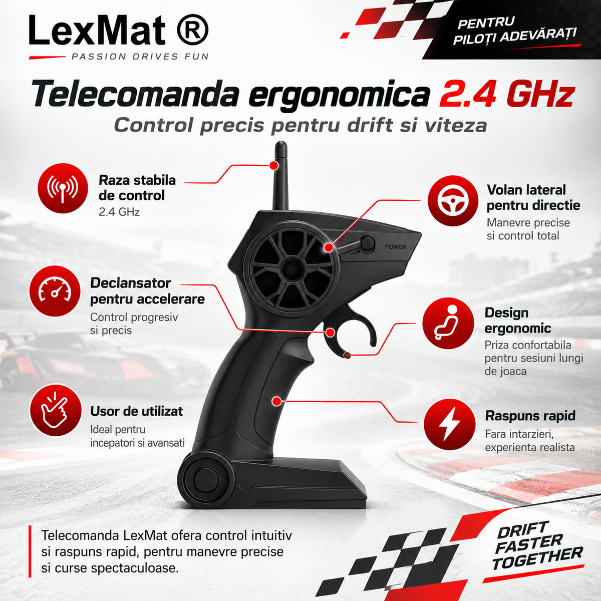 Masina telecomanda Drift, Masina telecomanda Curse LexMat® 1:24 – viteza 22 km/h, faruri LED, control 2.4GHz, anvelope interschimbabile si kit complet de accesorii, Negru