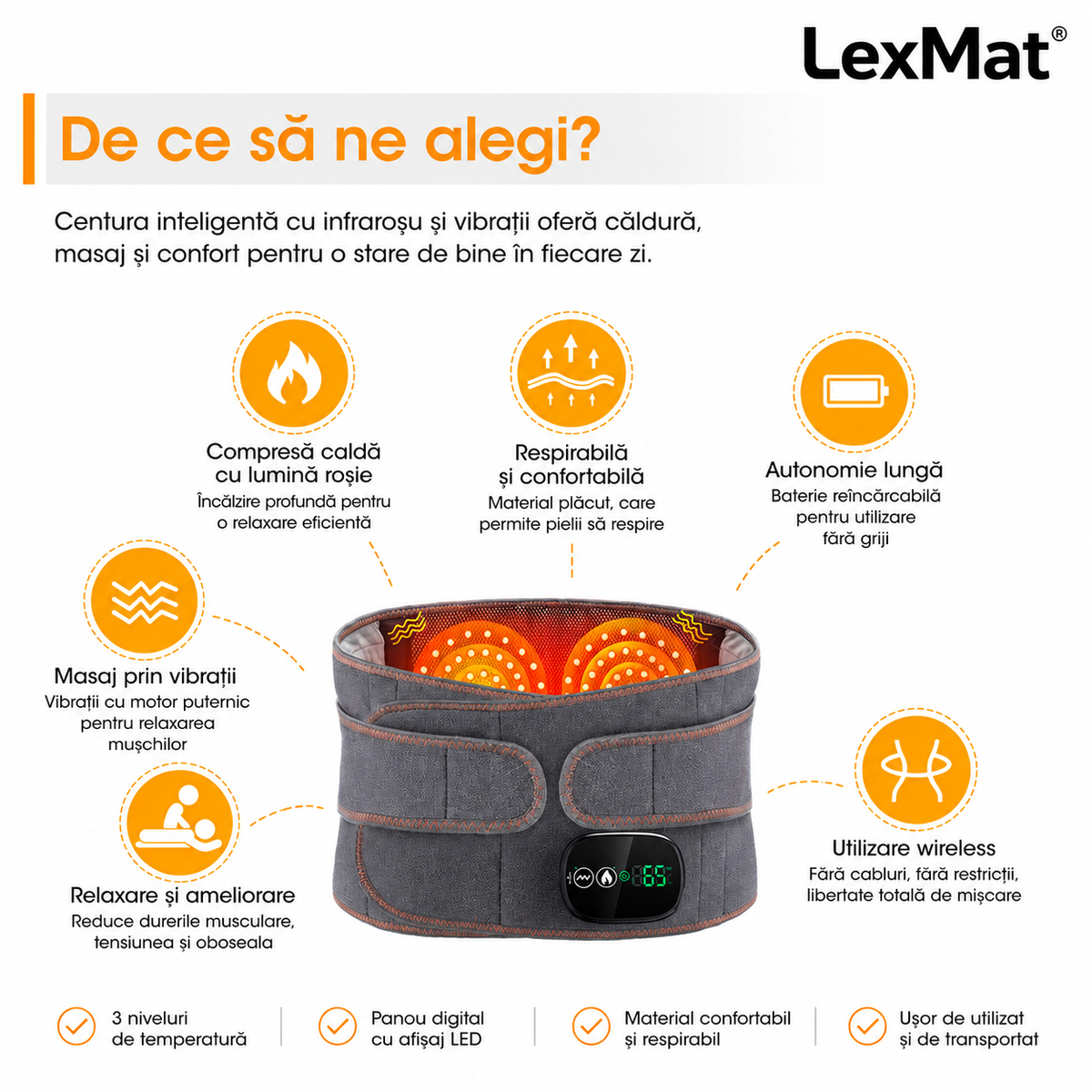 Aparat de masaj pentru talie cu incalzire infrarosu si vibratii LexMat®, Dispozitiv de masaj cu incalzire infrarosu si vibratii, centura electrica reincarcabila USB, 3 trepte de intensitate, baterie 5000mAh, model HLX102247, Gri