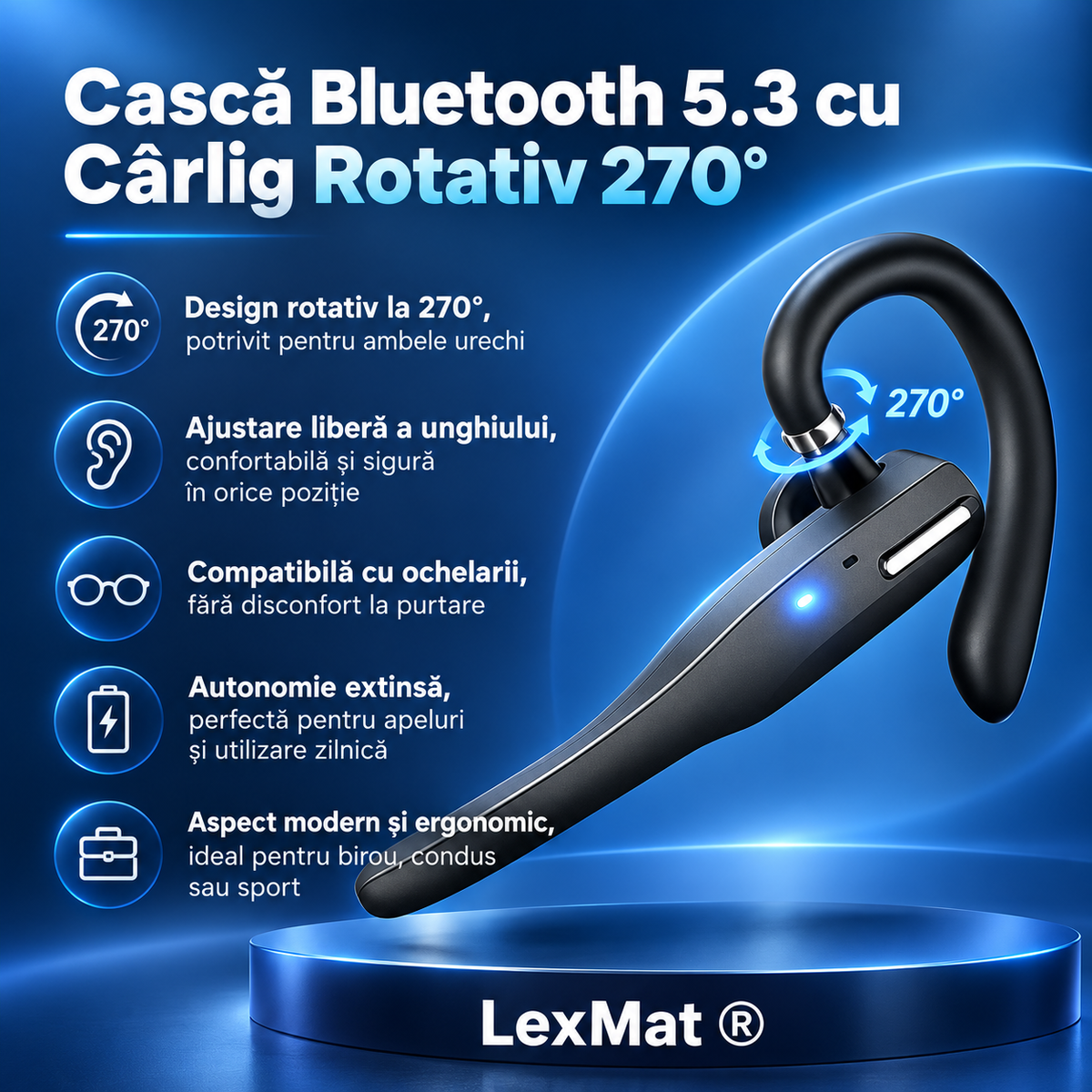Casti wireless Bluetooth 5.3 YYK-525 LexMat ®, autonomie 12 ore, carcasa incarcare Type-C, rezistente la apa, asistent vocal Siri, negru
