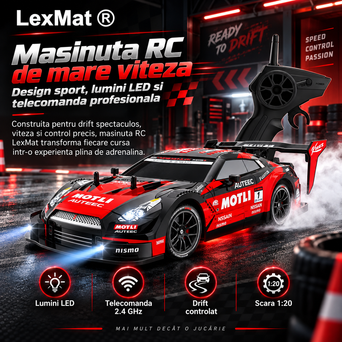 Masina telecomanda Drift, Masina telecomanda Curse LexMat® 1:24 – viteza 22 km/h, faruri LED, control 2.4GHz, anvelope interschimbabile si kit complet de accesorii, Rosu