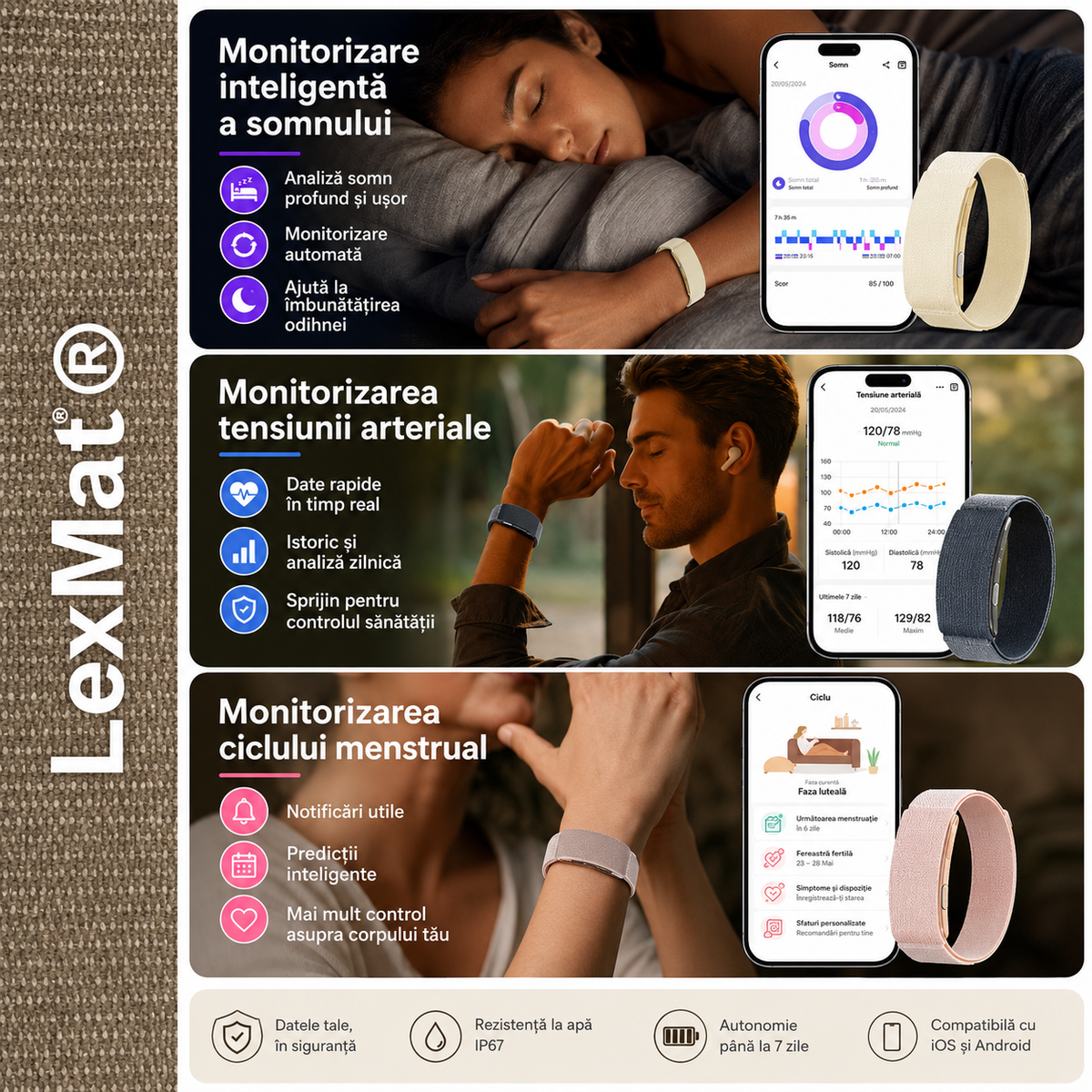 Bratara Fitness Smart cu EKG LexMat ®, puls, somn, tensiune si temperatura, monitorizare completa sanatate, rezistenta 1 ATM, autonomie 20+ zile, iOS & Android, negru