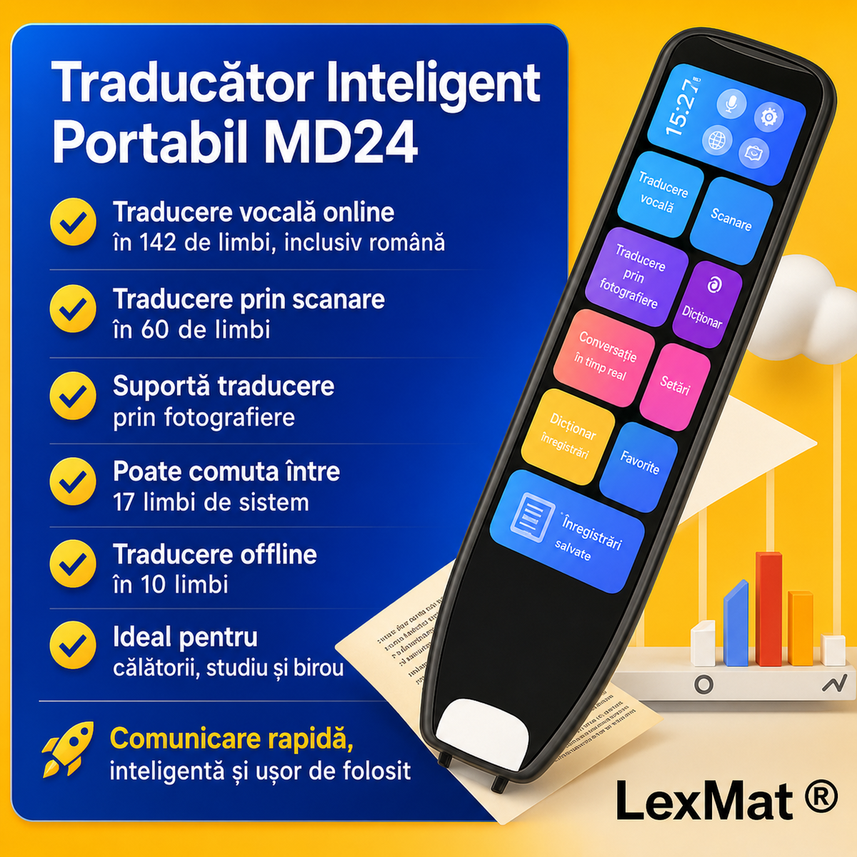 Translator inteligent tip stilou LexMat MD-24, care poate scana si citi in 142 de limbi online inclusiv romana, Traducere offline 10 limbi, traducere vocala, functie inregistrare vocala, traducere foto, si functie player audio-video - 339.99 lei