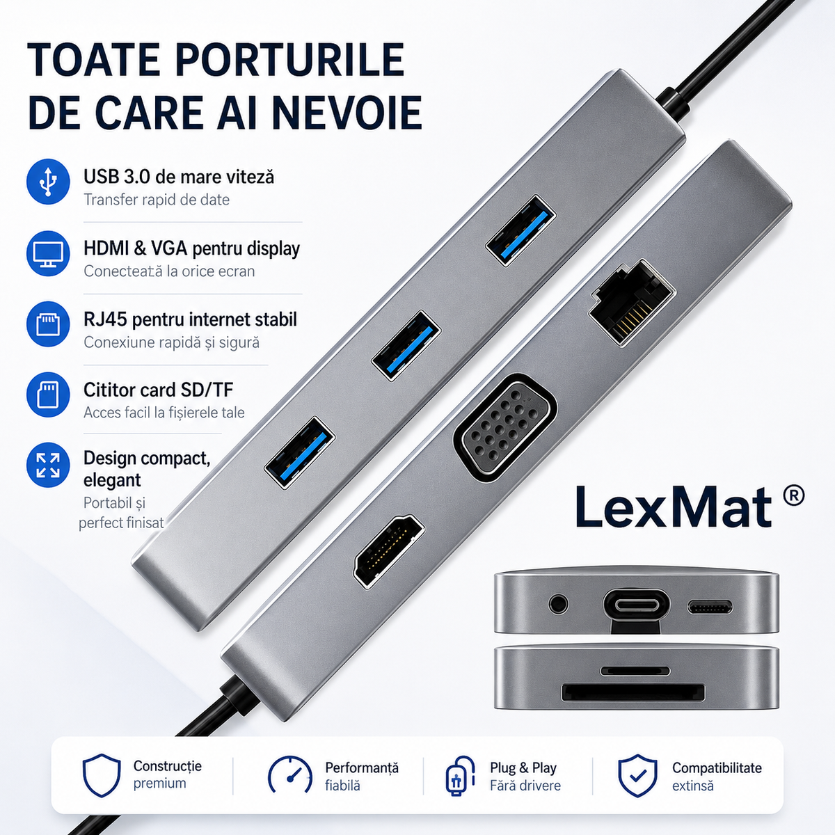 Docking Station 10 in 1 USB C LexMat®, Hub 10 in 1 USB-C, statie andocare 10 in 1, adaptor multifunctional cu HDMI, VGA, RJ45, USB 3.0, SD/TF, jack 3.5mm, PD, compatibil laptop, MacBook, Windows, gri metalic