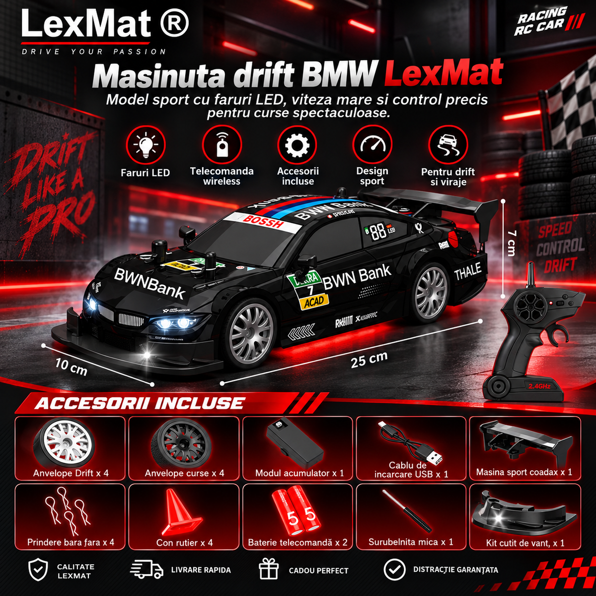 Masina telecomanda Drift, Masina telecomanda Curse LexMat® 1:24 – viteza 22 km/h, faruri LED, control 2.4GHz, anvelope interschimbabile si kit complet de accesorii, Negru