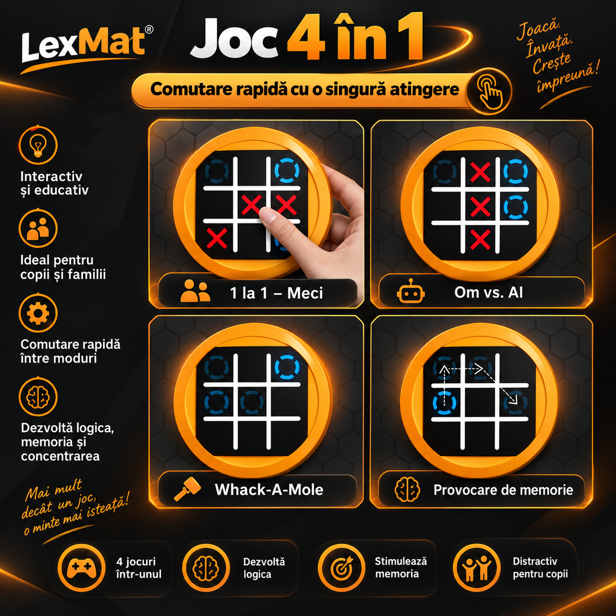 Joc X si O LexMat SmartTic-Tac-Toe 4 in 1 Portocaliu, pentru 3+ ani, design compact, electronic, mod joc vs AI