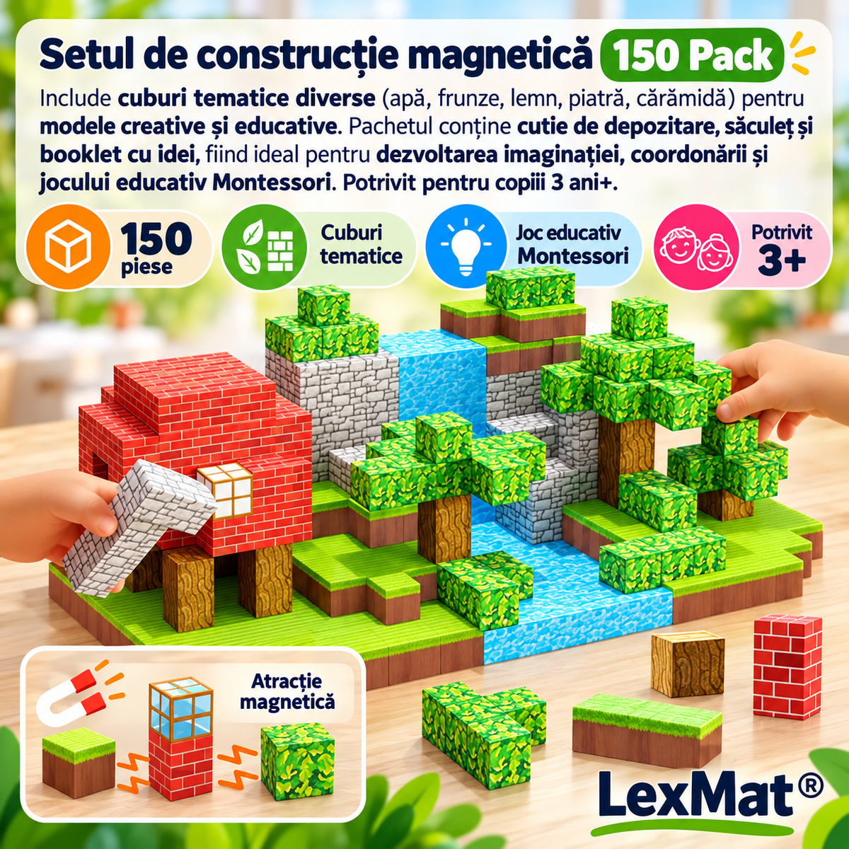 Cuburi de Constructie Magnetice LexMat® Original Forest verde deschis muticolor, 150 Piese pentru copii 3+ – Cuburi Montessori pentru Coordonare, Creativitate, Joc Educational si Relaxant