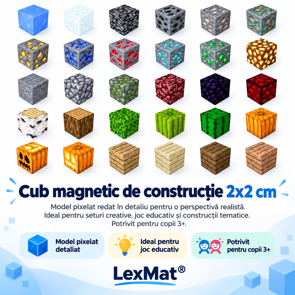 Cuburi de Constructie Magnetice LexMat® Original Forest verde deschis muticolor, 150 Piese pentru copii 3+ – Cuburi Montessori pentru Coordonare, Creativitate, Joc Educational si Relaxant