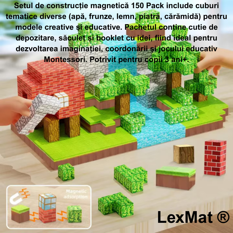 Cuburi de Constructie Magnetice LexMat® Original Forest verde deschis muticolor, 150 Piese pentru copii 3+ – Cuburi Montessori pentru Coordonare, Creativitate, Joc Educational si Relaxant