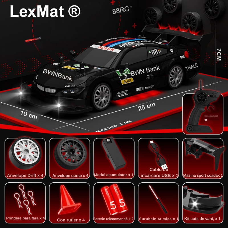 Masina telecomanda Drift, Masina telecomanda Curse LexMat® 1:24 – viteza 22 km/h, faruri LED, control 2.4GHz, anvelope interschimbabile si kit complet de accesorii, Negru