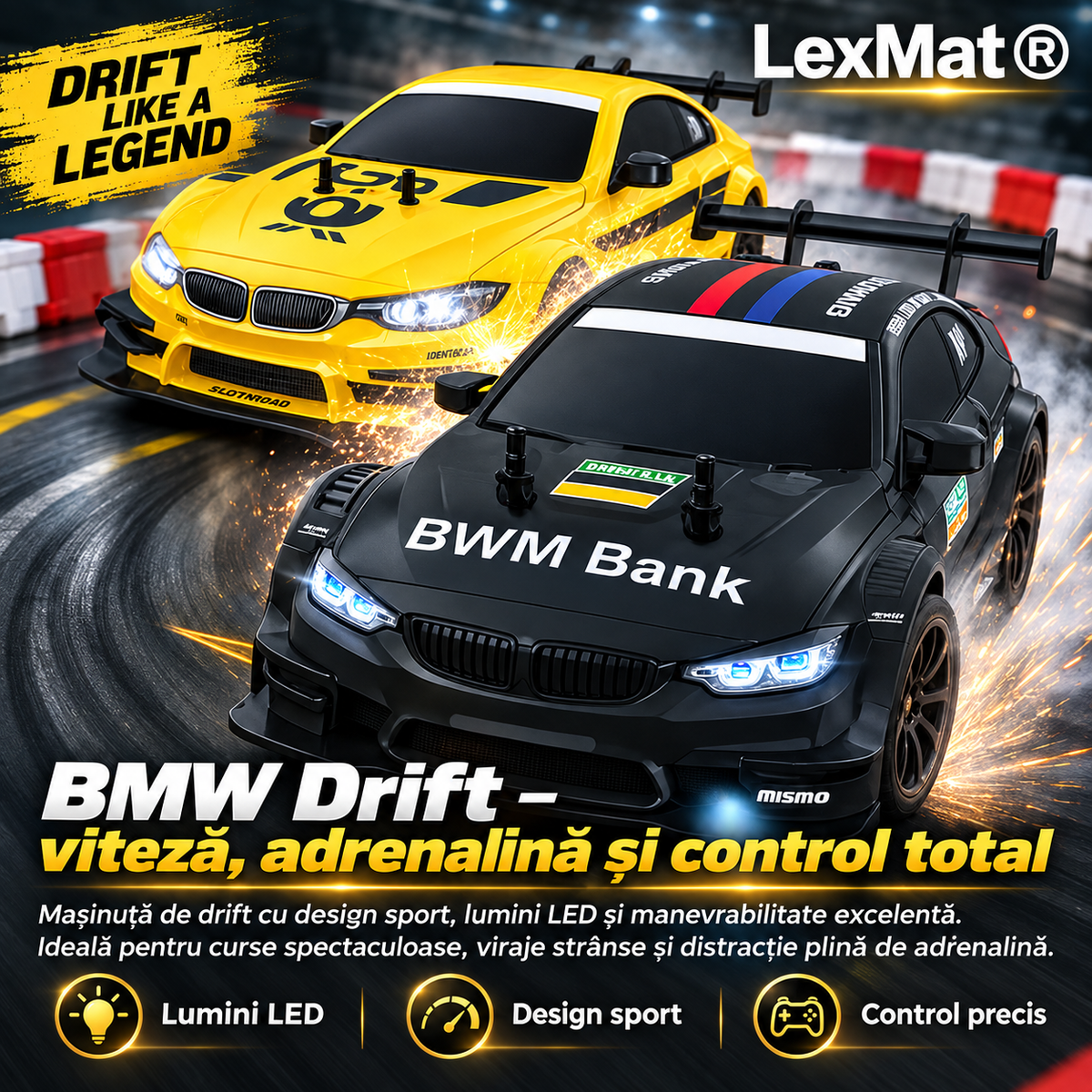 Masina telecomanda Drift, Masina telecomanda Curse LexMat® 1:24 – viteza 22 km/h, faruri LED, control 2.4GHz, anvelope interschimbabile si kit complet de accesorii, Negru