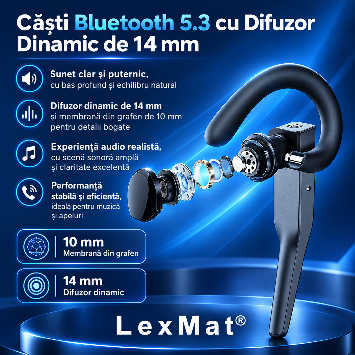 Casti wireless Bluetooth 5.3 YYK-525 LexMat ®, autonomie 12 ore, carcasa incarcare Type-C, rezistente la apa, asistent vocal Siri, negru