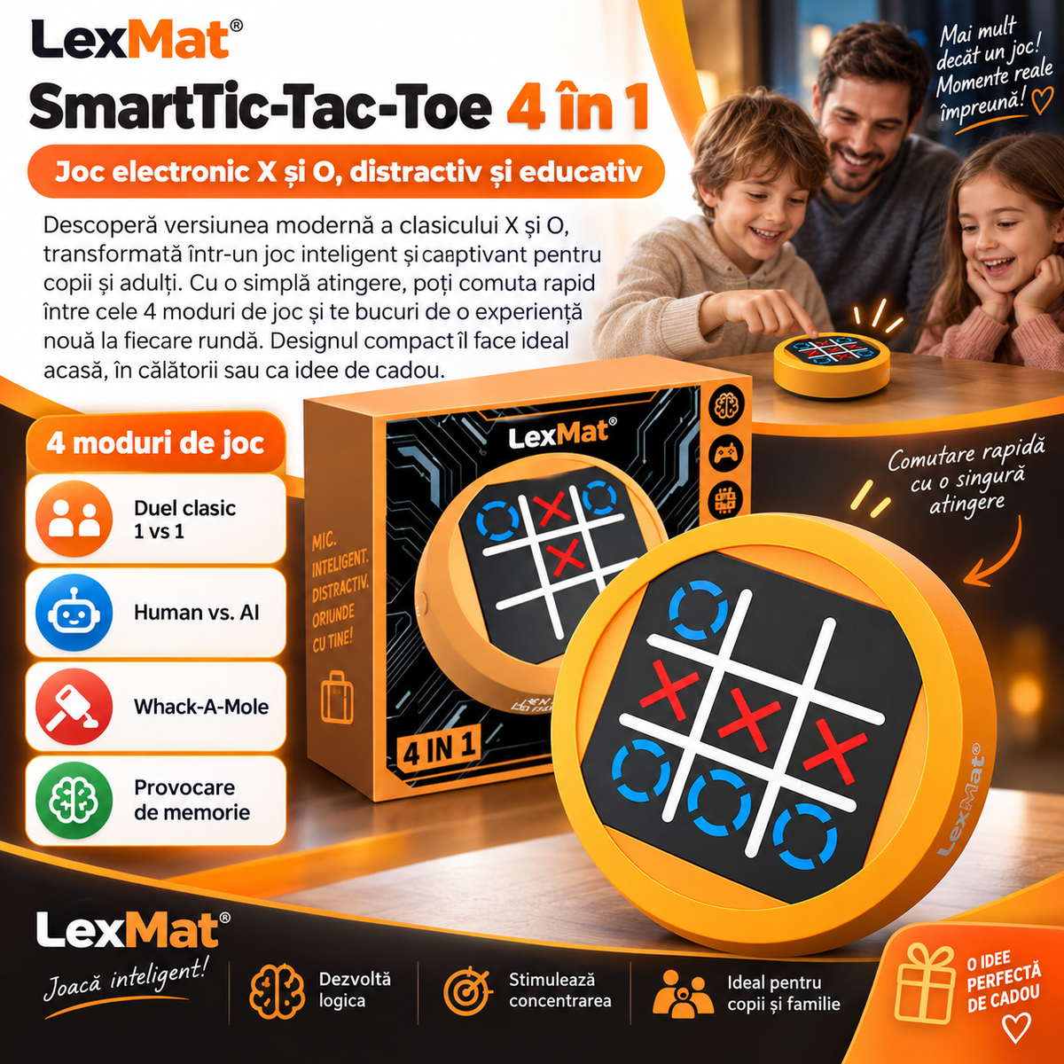 Joc X si O LexMat SmartTic-Tac-Toe 4 in 1 Portocaliu, pentru 3+ ani, design compact, electronic, mod joc vs AI