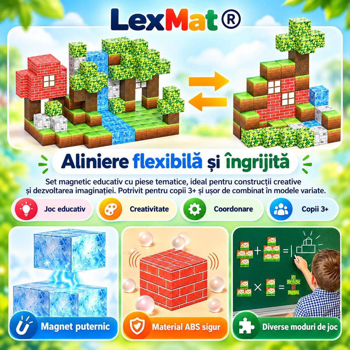 Cuburi de Constructie Magnetice LexMat® Original Forest verde deschis muticolor, 150 Piese pentru copii 3+ – Cuburi Montessori pentru Coordonare, Creativitate, Joc Educational si Relaxant