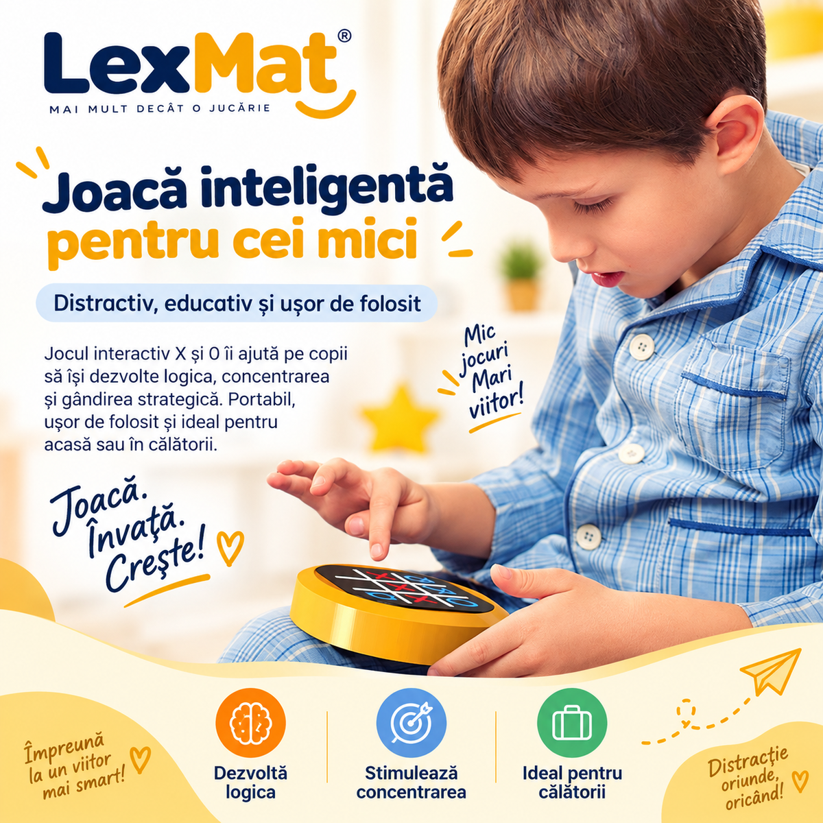 Joc X si O LexMat SmartTic-Tac-Toe 4 in 1 Portocaliu, pentru 3+ ani, design compact, electronic, mod joc vs AI