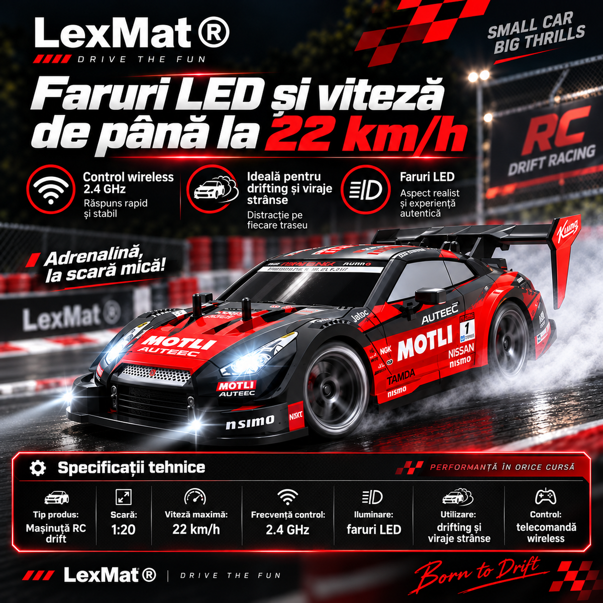 Masina telecomanda Drift, Masina telecomanda Curse LexMat® 1:24 – viteza 22 km/h, faruri LED, control 2.4GHz, anvelope interschimbabile si kit complet de accesorii, Rosu
