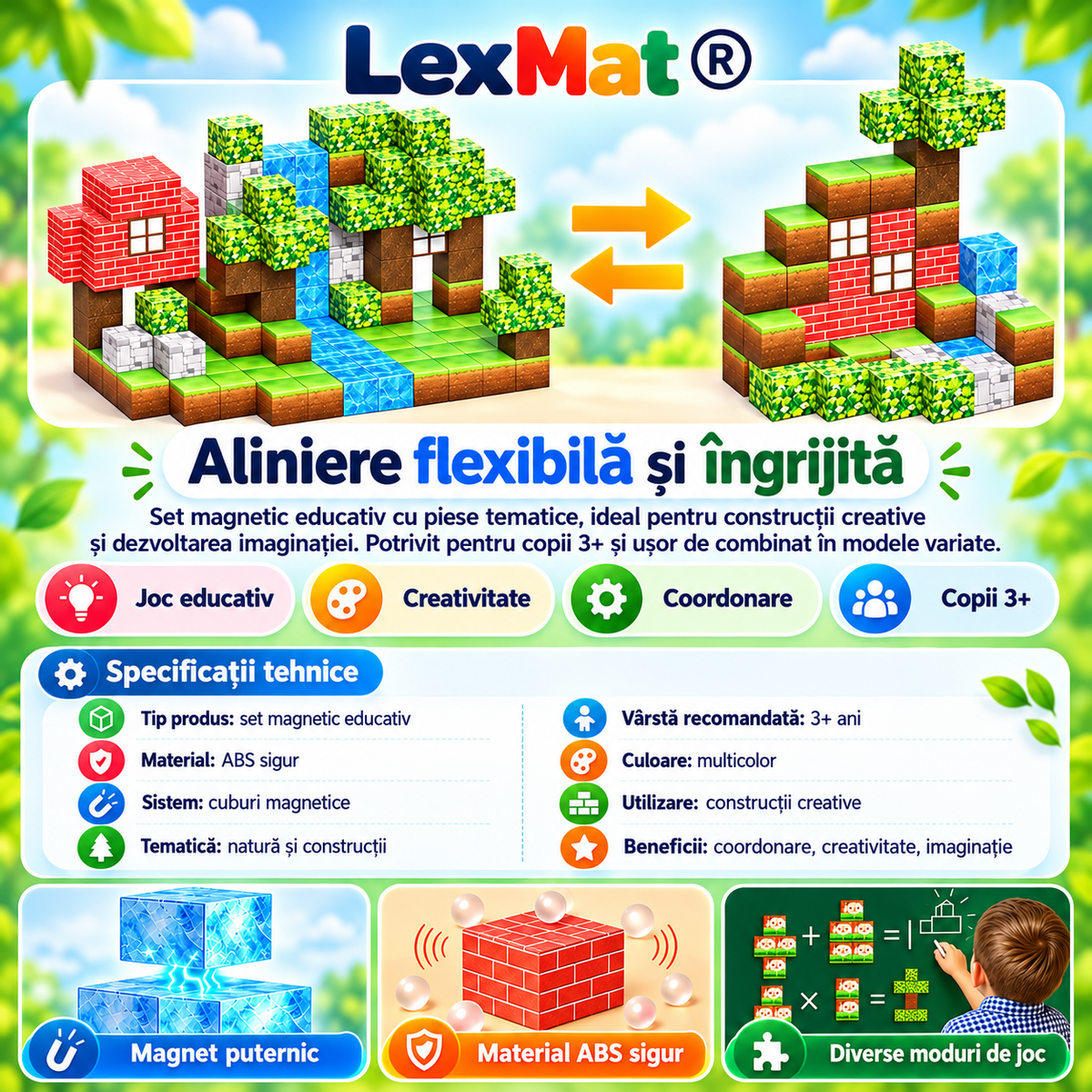 Cuburi de Constructie Magnetice LexMat® Original Forest verde deschis muticolor, 150 Piese pentru copii 3+ – Cuburi Montessori pentru Coordonare, Creativitate, Joc Educational si Relaxant