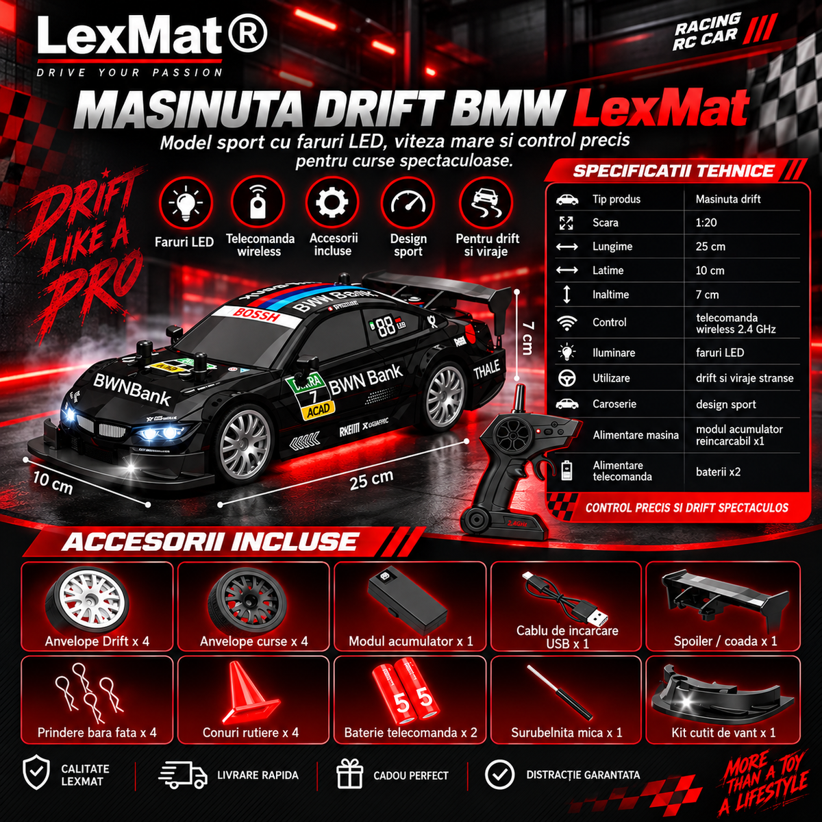 Masina telecomanda Drift, Masina telecomanda Curse LexMat® 1:24 – viteza 22 km/h, faruri LED, control 2.4GHz, anvelope interschimbabile si kit complet de accesorii, Negru