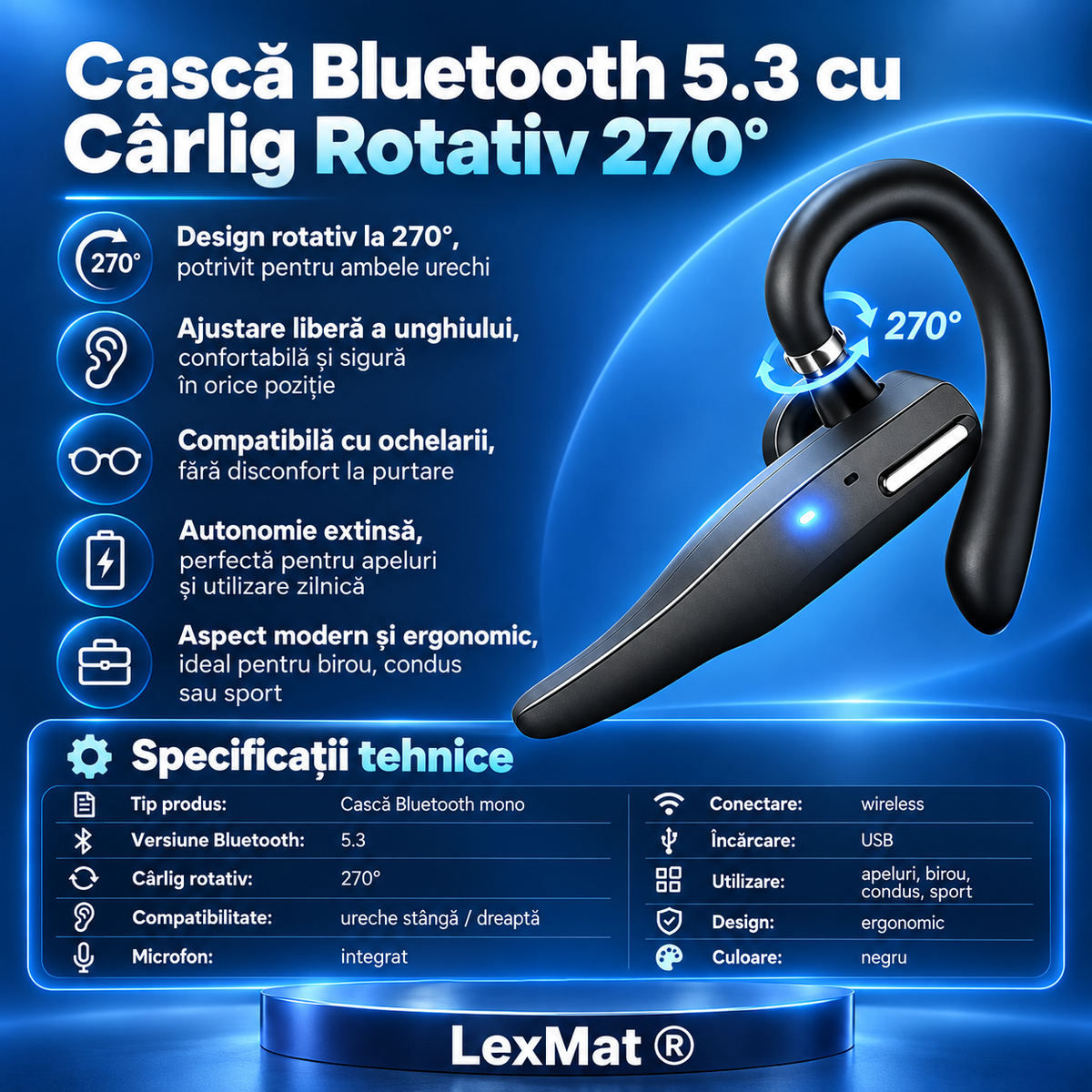 Casti wireless Bluetooth 5.3 YYK-525 LexMat ®, autonomie 12 ore, carcasa incarcare Type-C, rezistente la apa, asistent vocal Siri, negru