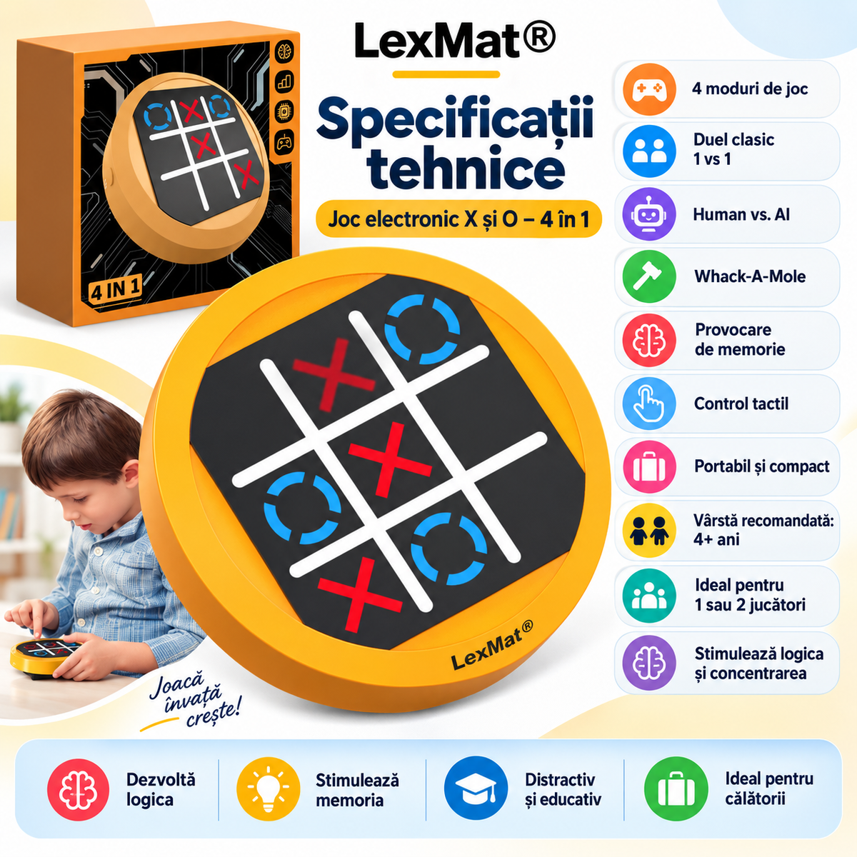 Joc X si O LexMat SmartTic-Tac-Toe 4 in 1 Portocaliu, pentru 3+ ani, design compact, electronic, mod joc vs AI