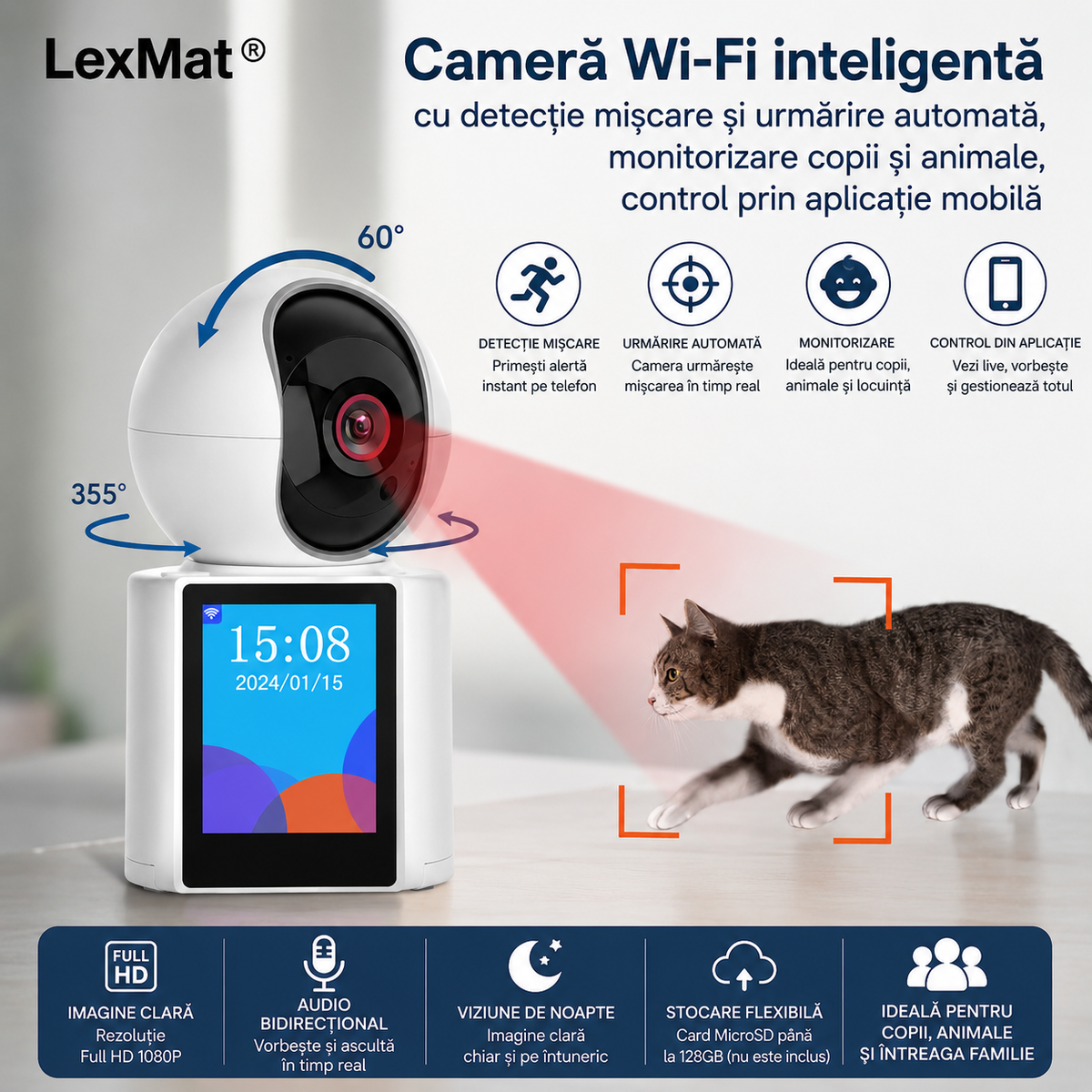 Camera supraveghere ecran bebelusi, copii batraini si animale de companie LexMat®, camera de supraveghere wireless display bidirectionala,, cu aplicatie pentru telefon si detectare a miscarii, apelare audio/video pentru bebelusi/varstnici/bona, alb