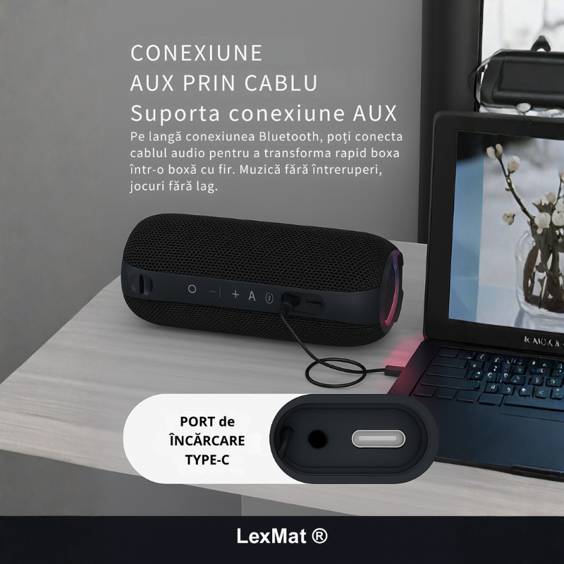 Boxa Bluetooth portabila: rezistenta la apa IPX7 LexMat ®, sunet puternic de 20W, bas profund, Bluetooth 5.3, lumini LED, conectare stereo wireless, timp de redare de 24 de ore, pentru acasa/exterior/petrecere/plaja, cadoul perfect pentru ziua de nastere