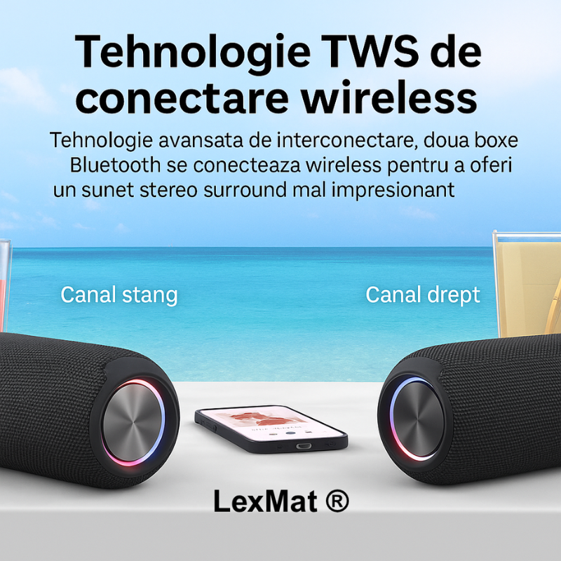 Boxa Bluetooth portabila: rezistenta la apa IPX7 LexMat ®, sunet puternic de 20W, bas profund, Bluetooth 5.3, lumini LED, conectare stereo wireless, timp de redare de 24 de ore, pentru acasa/exterior/petrecere/plaja, cadoul perfect pentru ziua de nastere